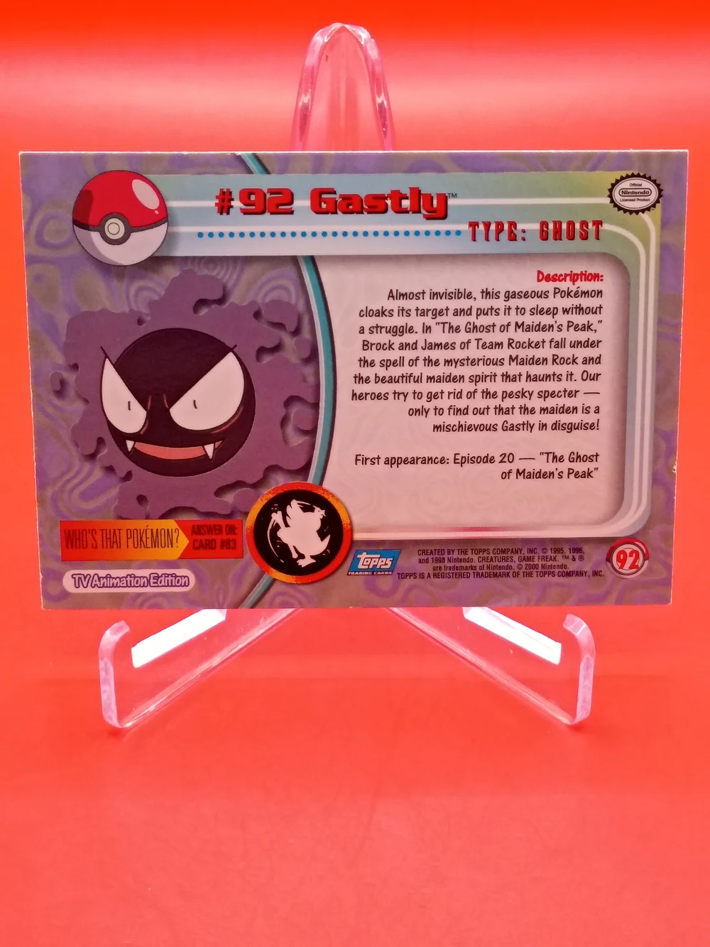 Gastly #92 Topps TV Animation Edition Rainbow Foil Holo MP Vintage Pokemon